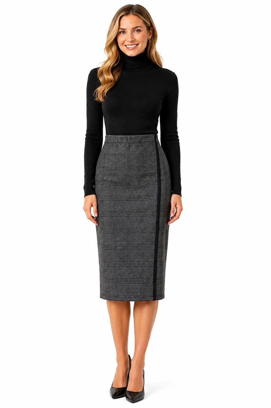 Max Studio Dark Gray & Black Plaid Pencil Midi Skirt